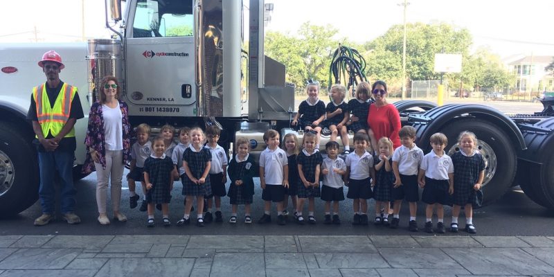 PreK 3 class at St. Dominic School today with a Peterbilt 600 horse